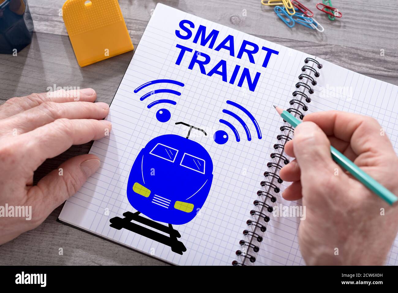 Smart train concept drawn on a notepad placed on a desk Stock Photo
