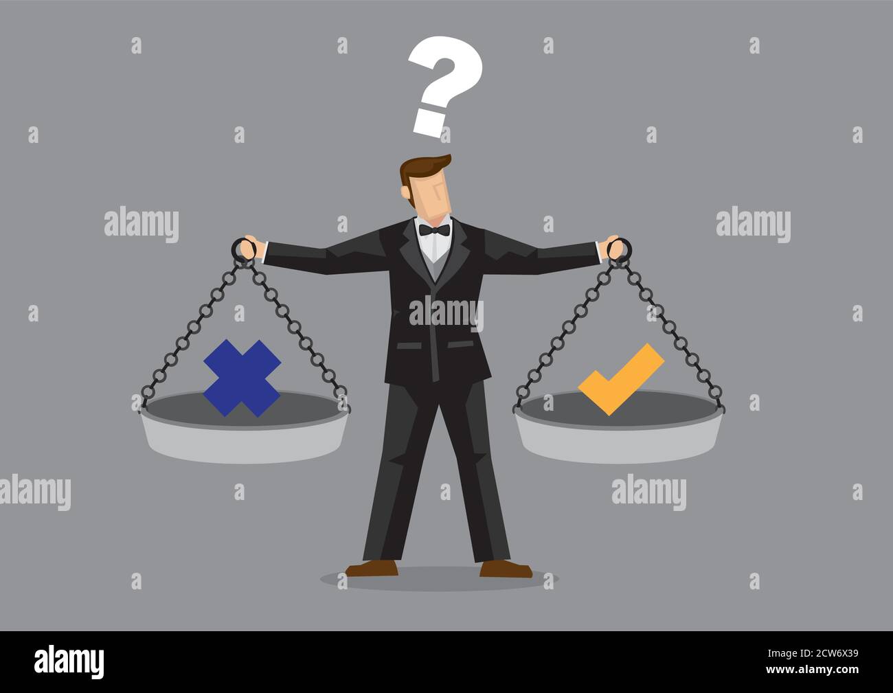 Cartoon man wearing full suit and bow tie balancing cross and tick symbol on two weighing trays on both arms. Creative vector illustration for ethical Stock Vector