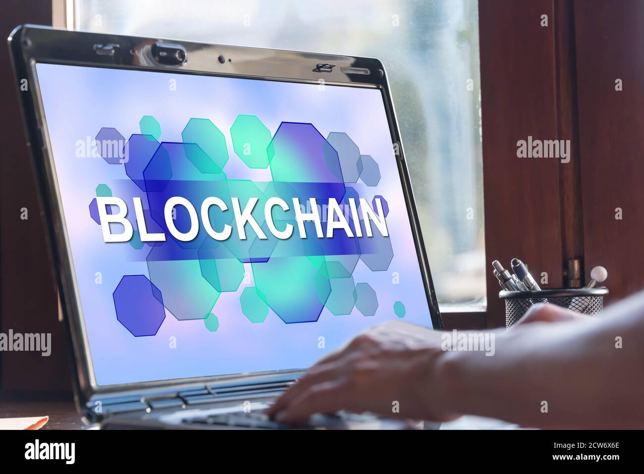 Laptop screen displaying a blockchain concept Stock Photo - Alamy