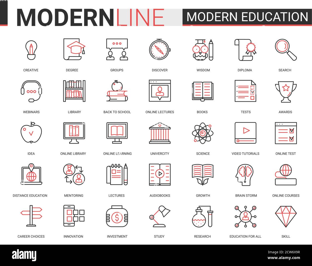 Modern education flat thin red black line icons vector illustration set with linear educational technology symbols for mobile apps with process learning in tech online course, school or university Stock Vector
