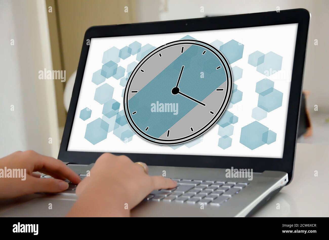 Time Management Computer Screen Hands on a laptop with screen showing time management concept Stock ...