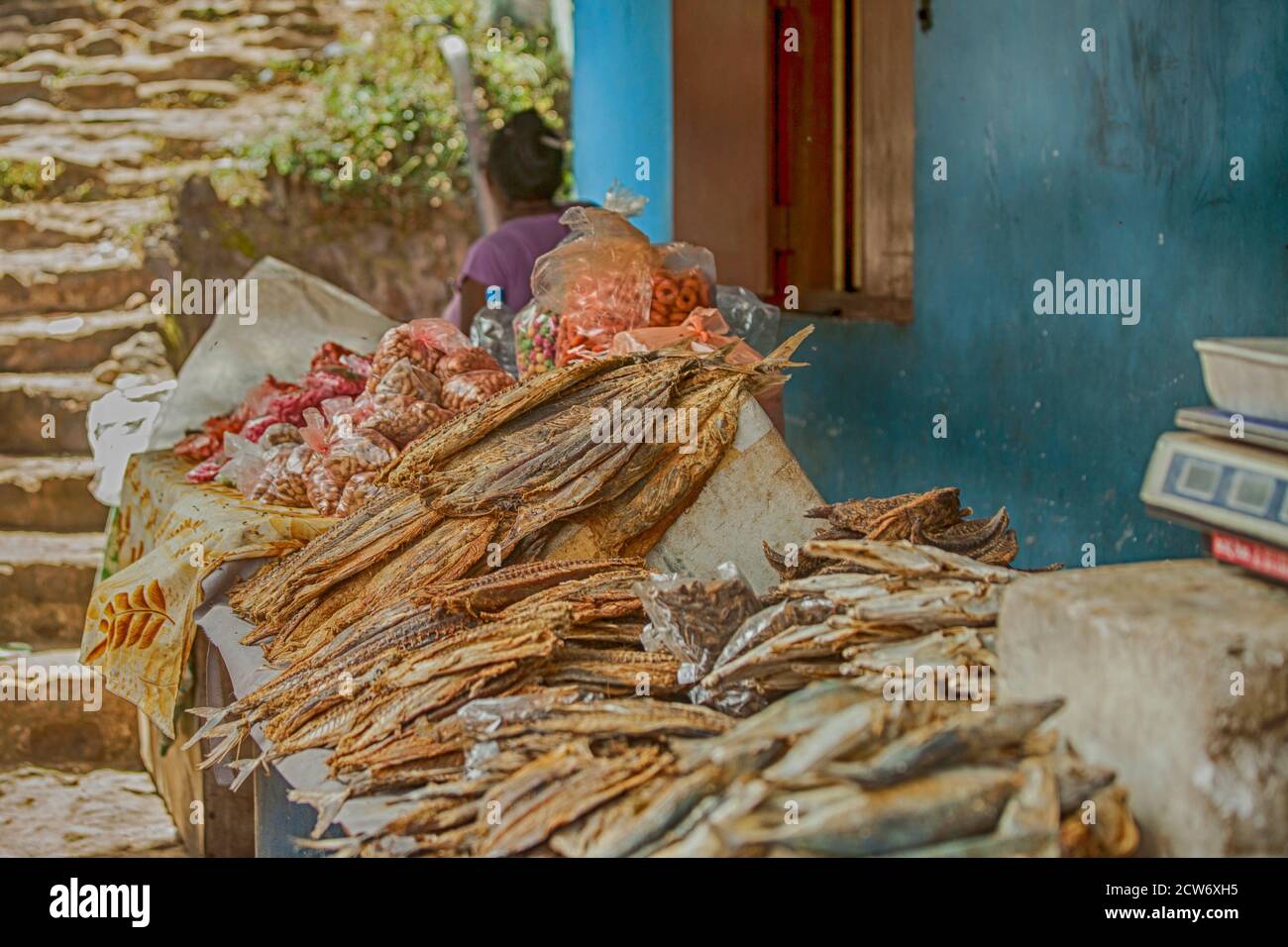 Selling dried fish on a market stall in Sri Lanka Stock Photo