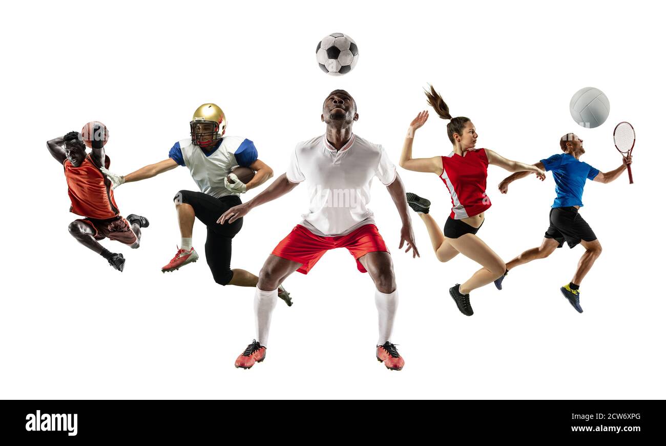 Collage of different professional sportsmen, fit men and women in
