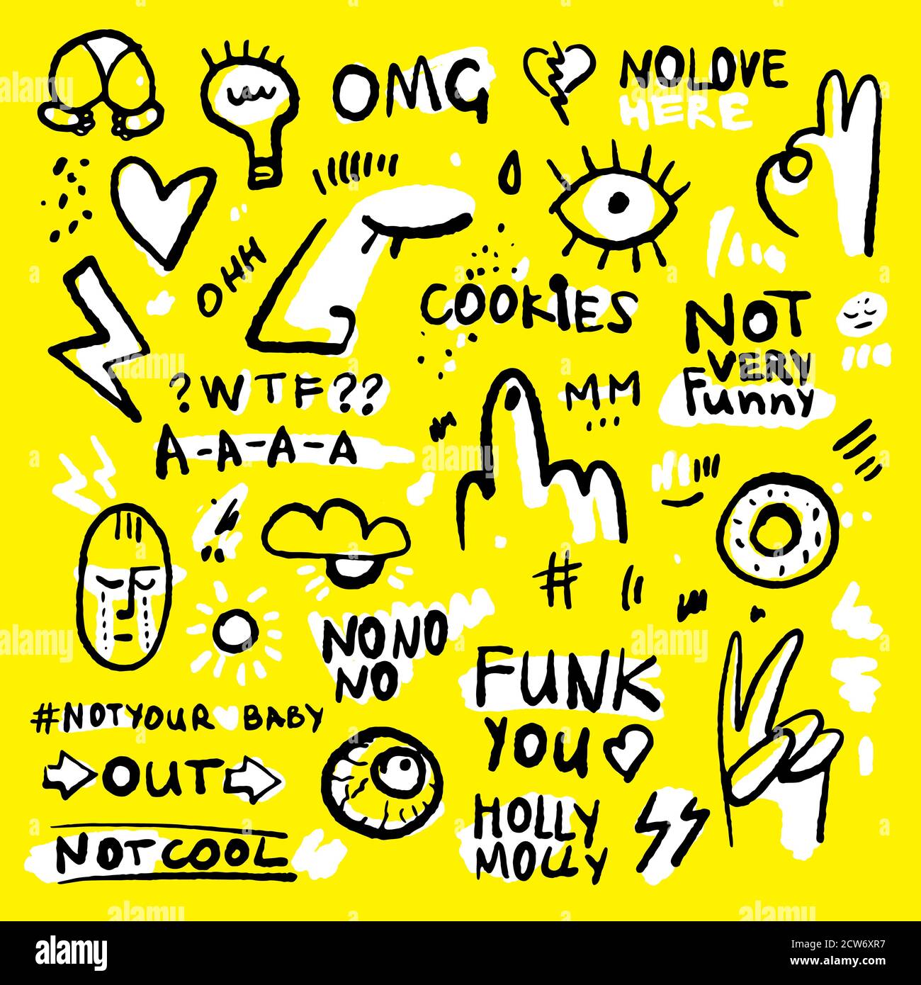 Positive and funny doodle sticker set in black, yellow and white colors. Hand drawn stickers with donut, eye, hearts, lettering and human face. Ink Stock Vector