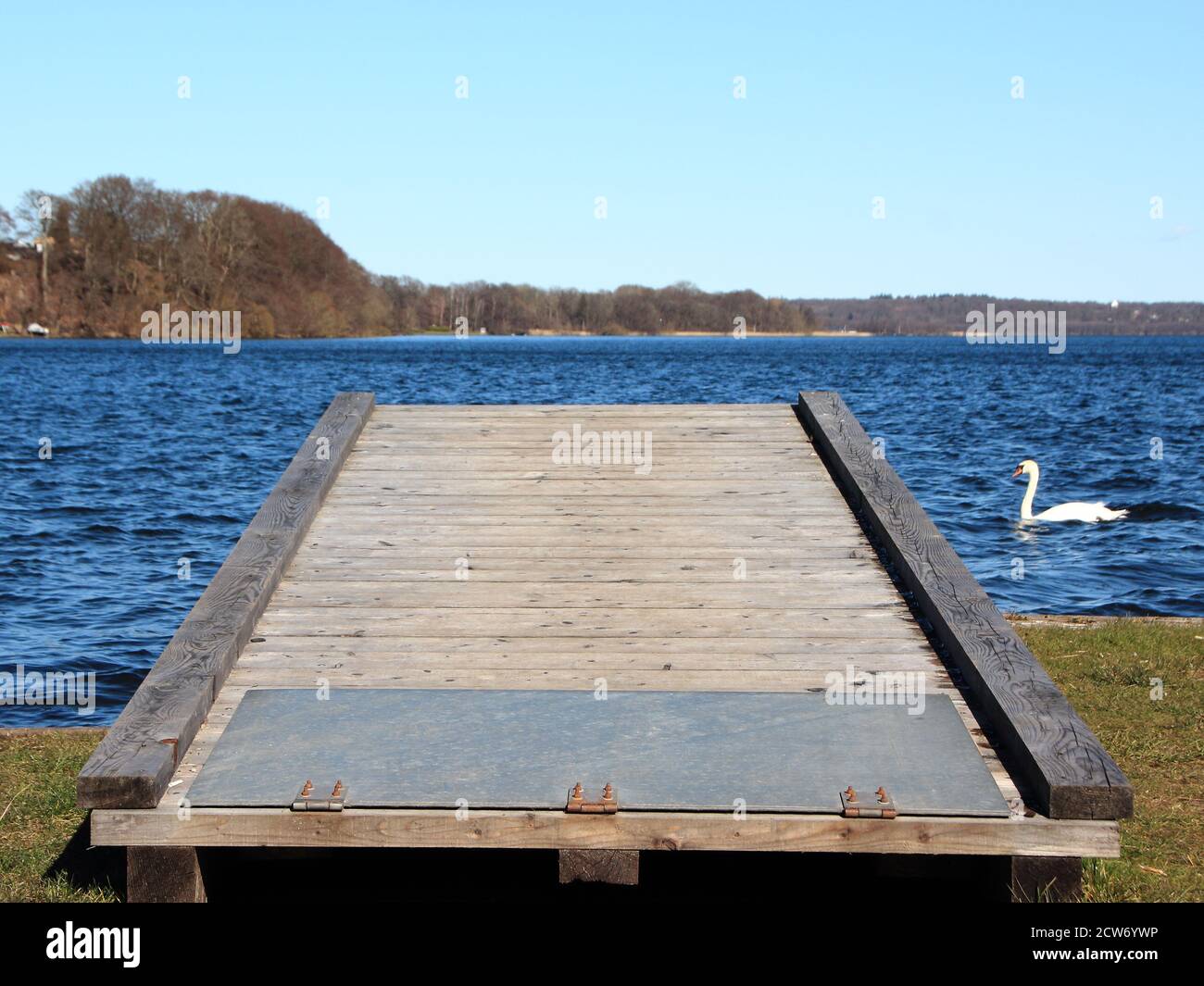 A mobile landing pier at a classic Scandinavian blue lake. There is a swan in the background. Stock Photo