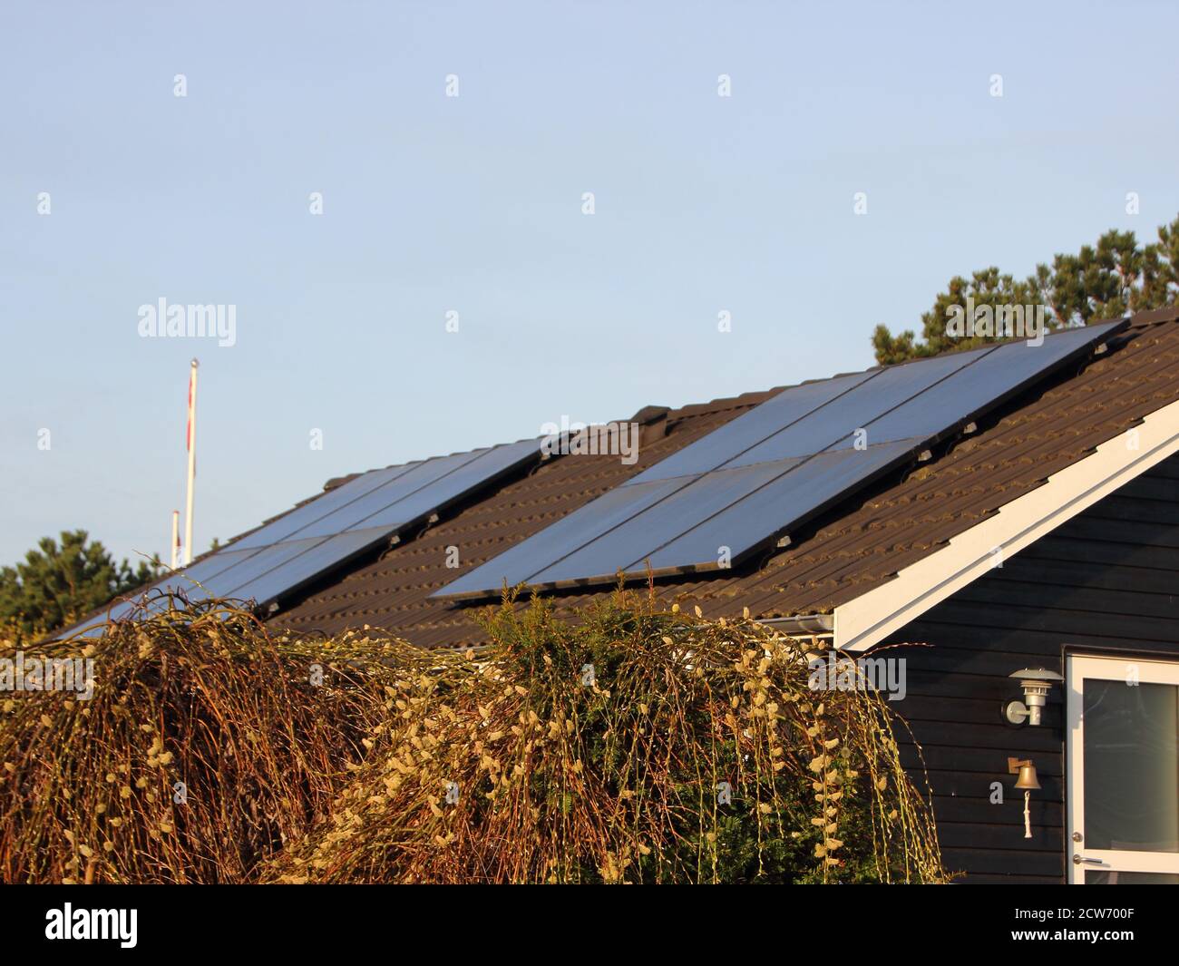 Two sets of solar cell panels on the roof of a black scandiniavian-style house. Bushes can be seen in the front and several flag poles are visible in Stock Photo