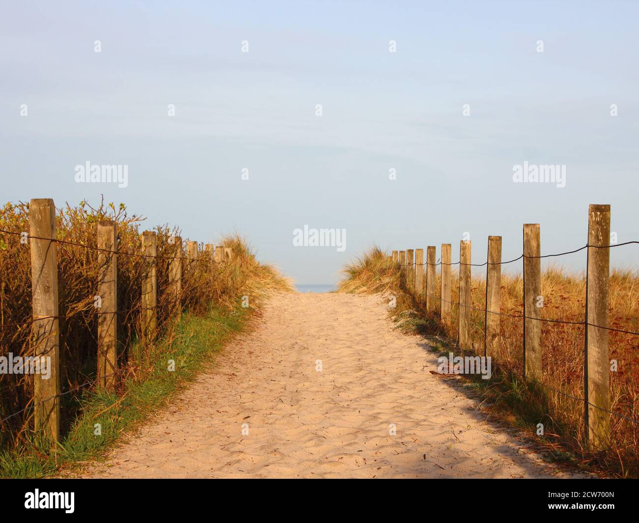 A sandy path leading towards the ocean, with light fencing on either side. Stock Photo