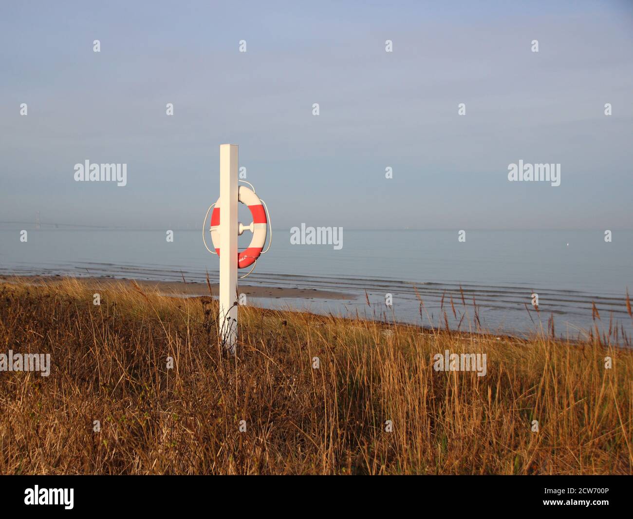 A white and orance lifesaver on a white pole near the ocean. The pole stands on grass and you can see sand and the sea in the background. Stock Photo