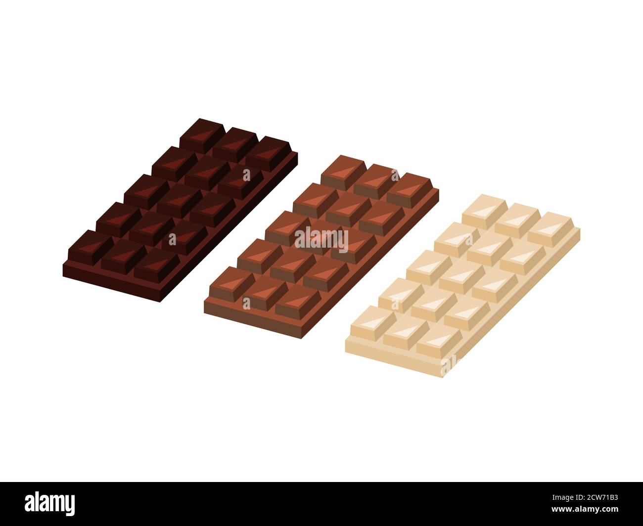 Dark, milk and white chocolate. Isometric chocolate bars. Different kinds of chocolate. Unwrapped chocolate bars set on white background. Vector Stock Vector