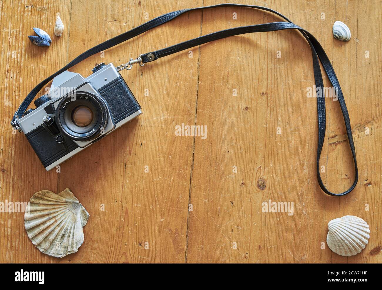 Flat lay, vintage camera and sea shells on a wooden table. Stock Photo