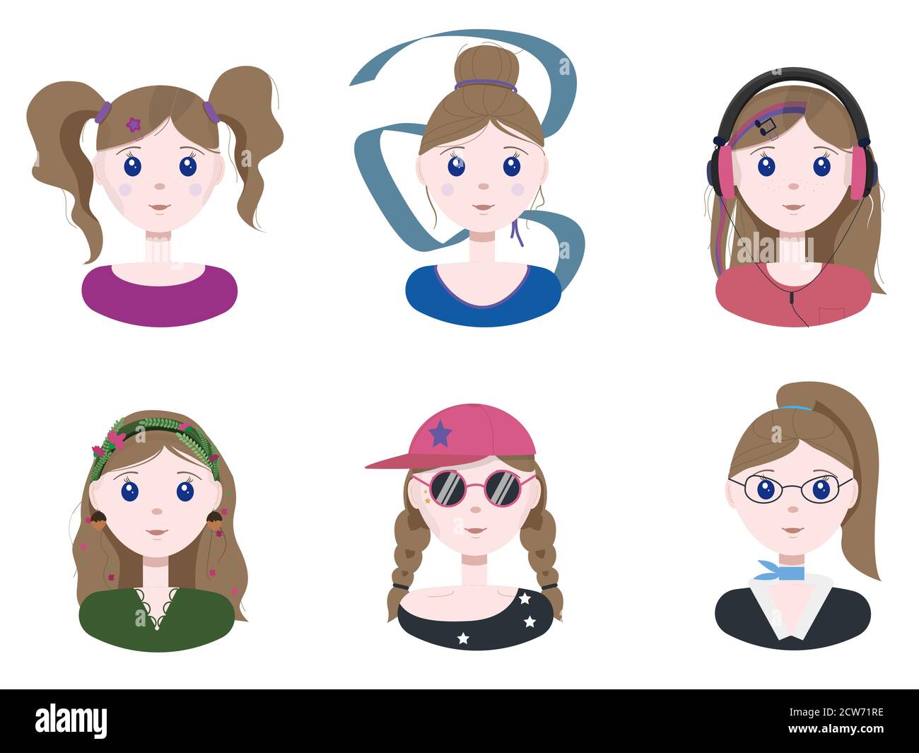 A set of different young girls. Flat illustration with girls with different professions and different fashions. Vector cartoon image. Cute beautiful girls with hairstyles. Characters with different characters for children, schools, ads, apps. Stock Vector