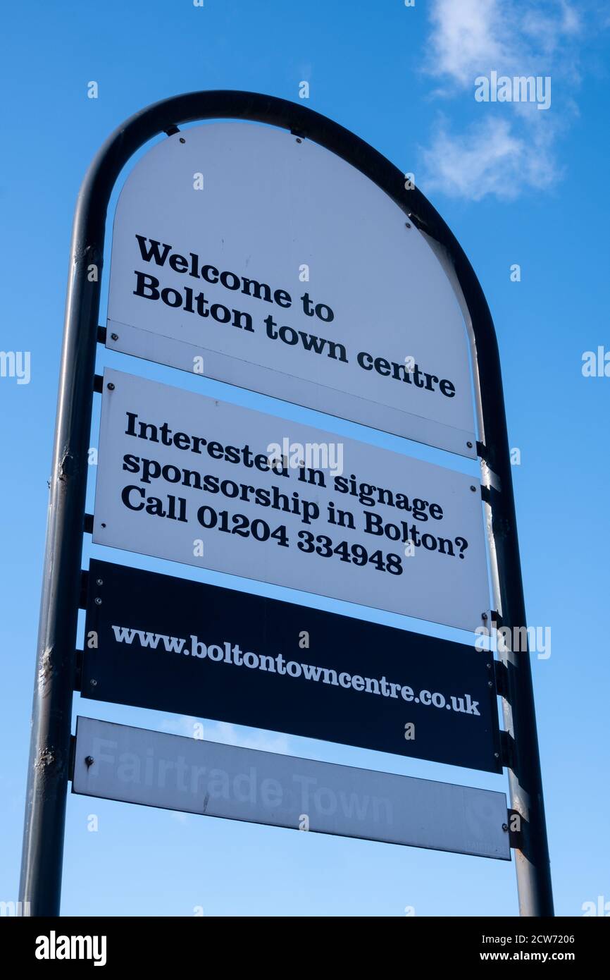 gn welcoming visitors to the town centre in Bolton Lancashire, July 2020 Stock Photo