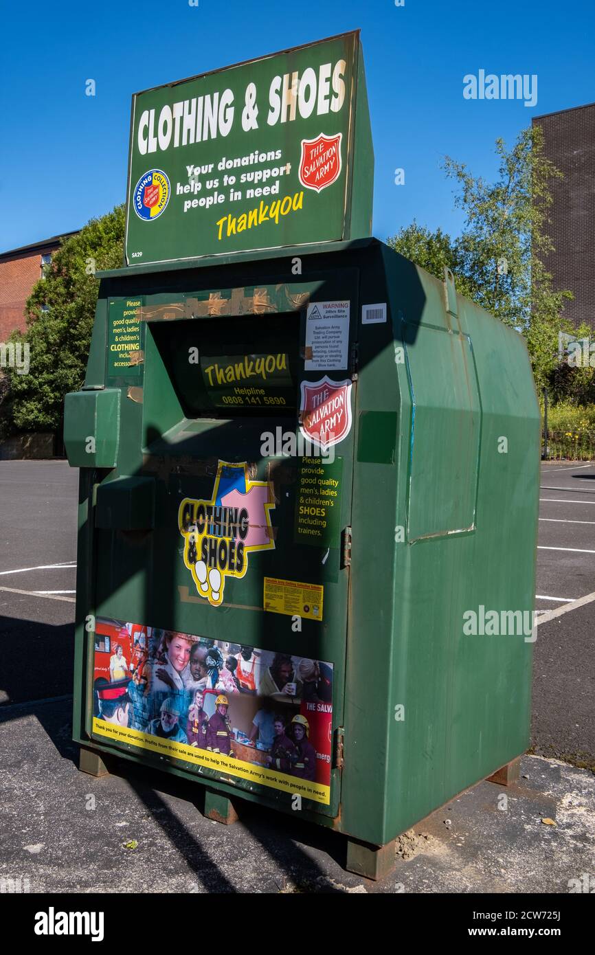 Salvation Army recycling bin for clothing and shoes in Bolton