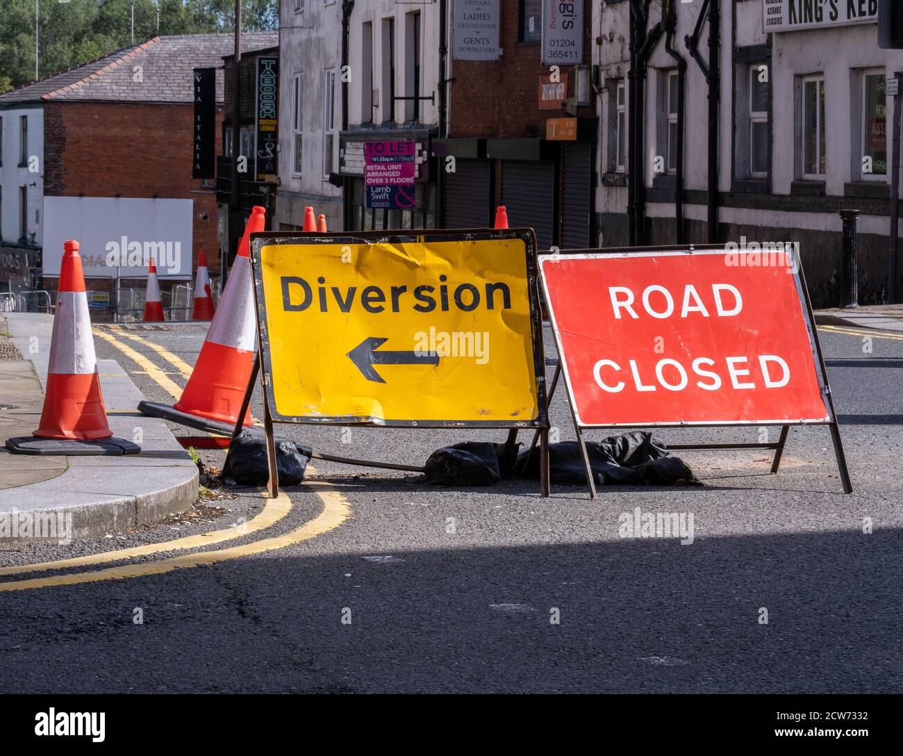 diversion and road closed sign in the town centre in Bolton Lancashire July 2020 Stock Photo
