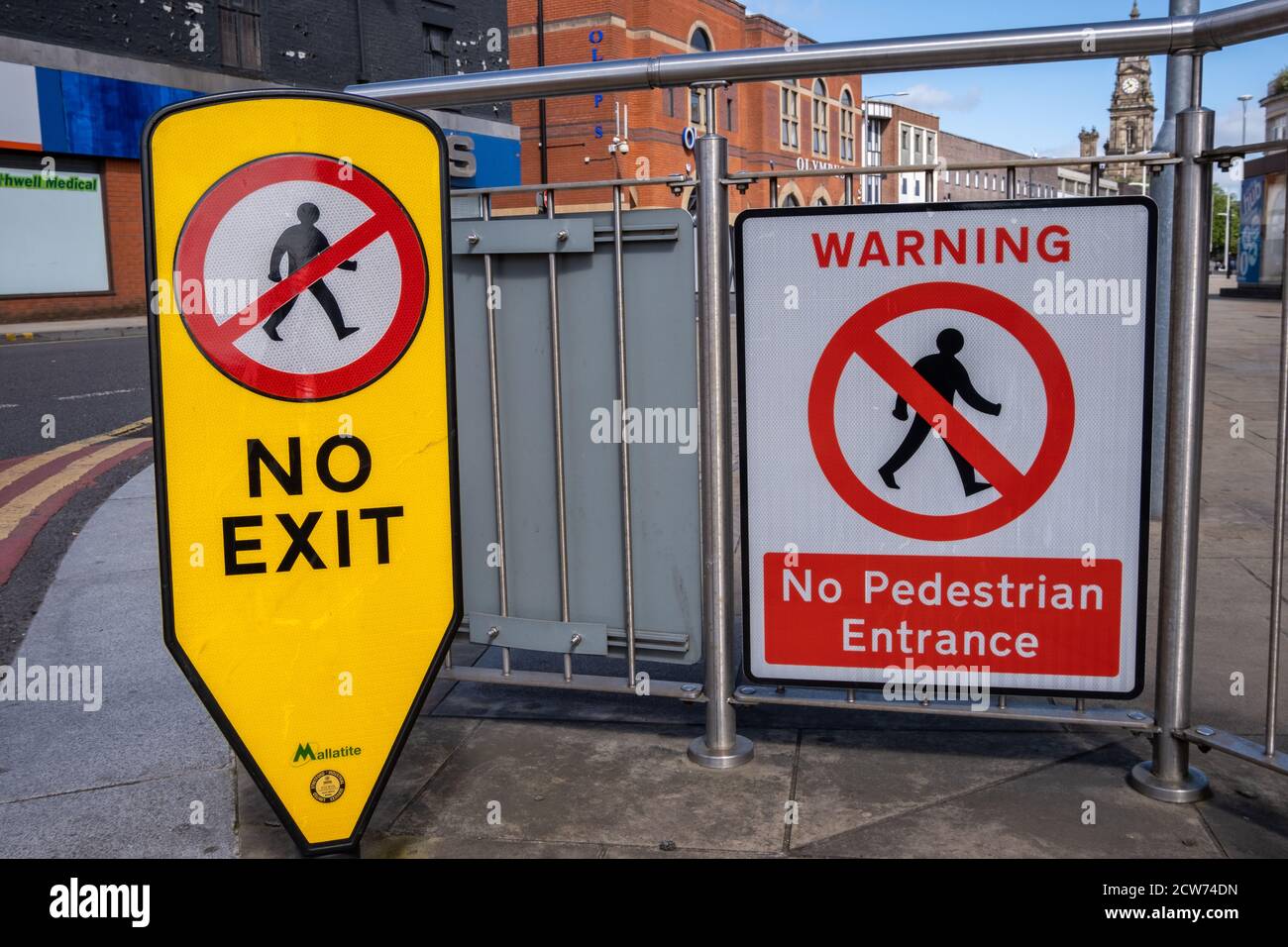 No exit and no entrance signs at entrance to bus station interchange in Bolton Lancashire July 2020 Stock Photo