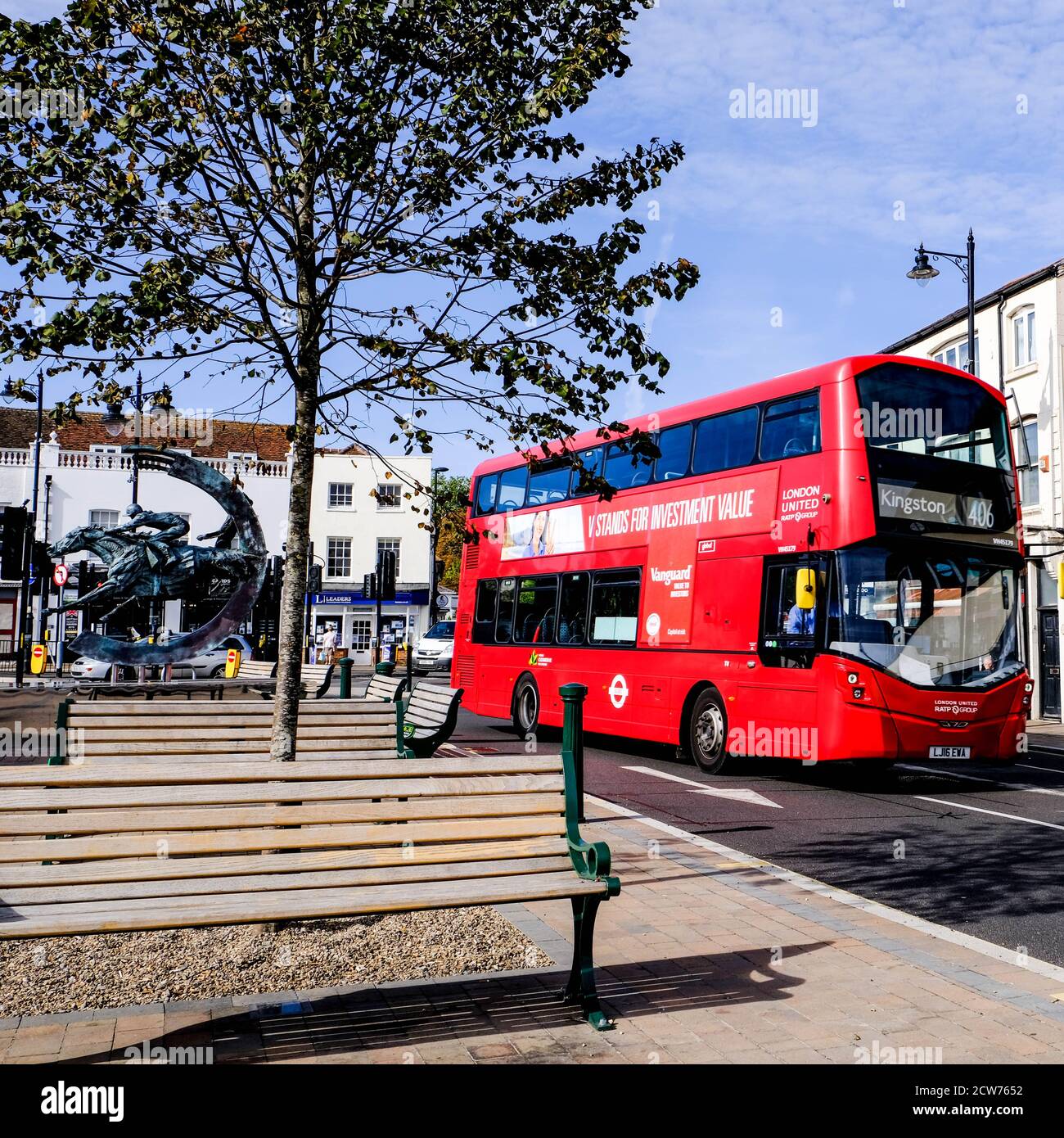 London UK, September 28, 2020, Red Double Decker Bus Passing Through Empty COVID-19 High Street Stock Photo