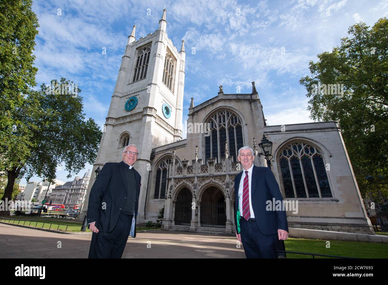 The Dean of Westminster, the Very Reverend Dr David Hoyle and the House of Commons Speaker Sir Lindsay Hoyle view the restoration work undertaken on the tower at St Margaret's Church in Westminster, London. Stock Photo