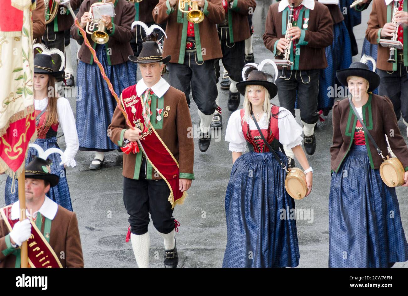 musicband Kartitsch from Tirol at the festival procession in celebration of 200 years of the band in traditional costumes Maria Luggau, Carinthia, Aus Stock Photo