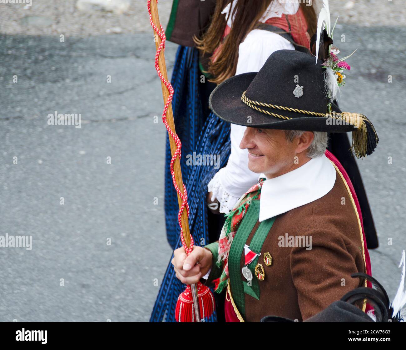 Conductor of the musicband Kartitsch from Tirol at the festival procession in celebration of 200 years of the band in traditional costumes Maria Lugga Stock Photo