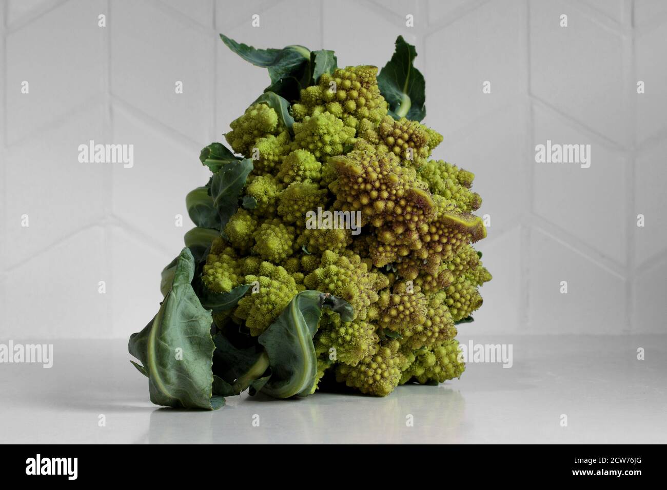 whole head of raw romesco cauliflower or broccoli with leaves on a soft white kitchen counter with a white chevron tile backsplash with natural lighti Stock Photo