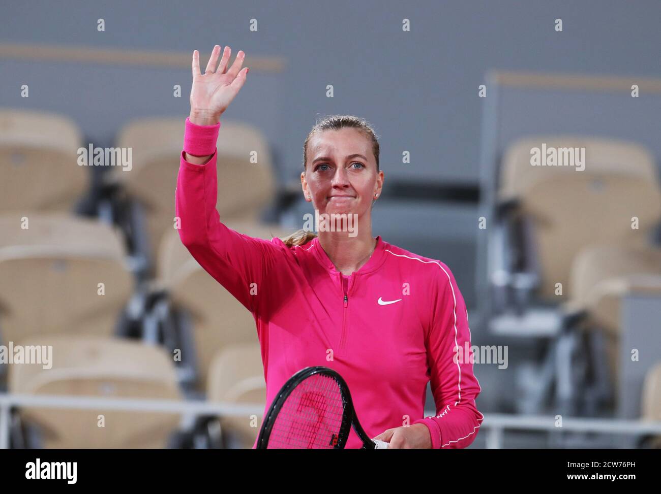 Paris, France. 28th Sep, 2020. Petra Kvitova of Czech Republic celebrates after the women's singles first round match against Oceane Dodin of France at French Open tennis tournament 2020 at Roland Garros in Paris, France, Sept. 28, 2020. Credit: Gao Jing/Xinhua/Alamy Live News Stock Photo