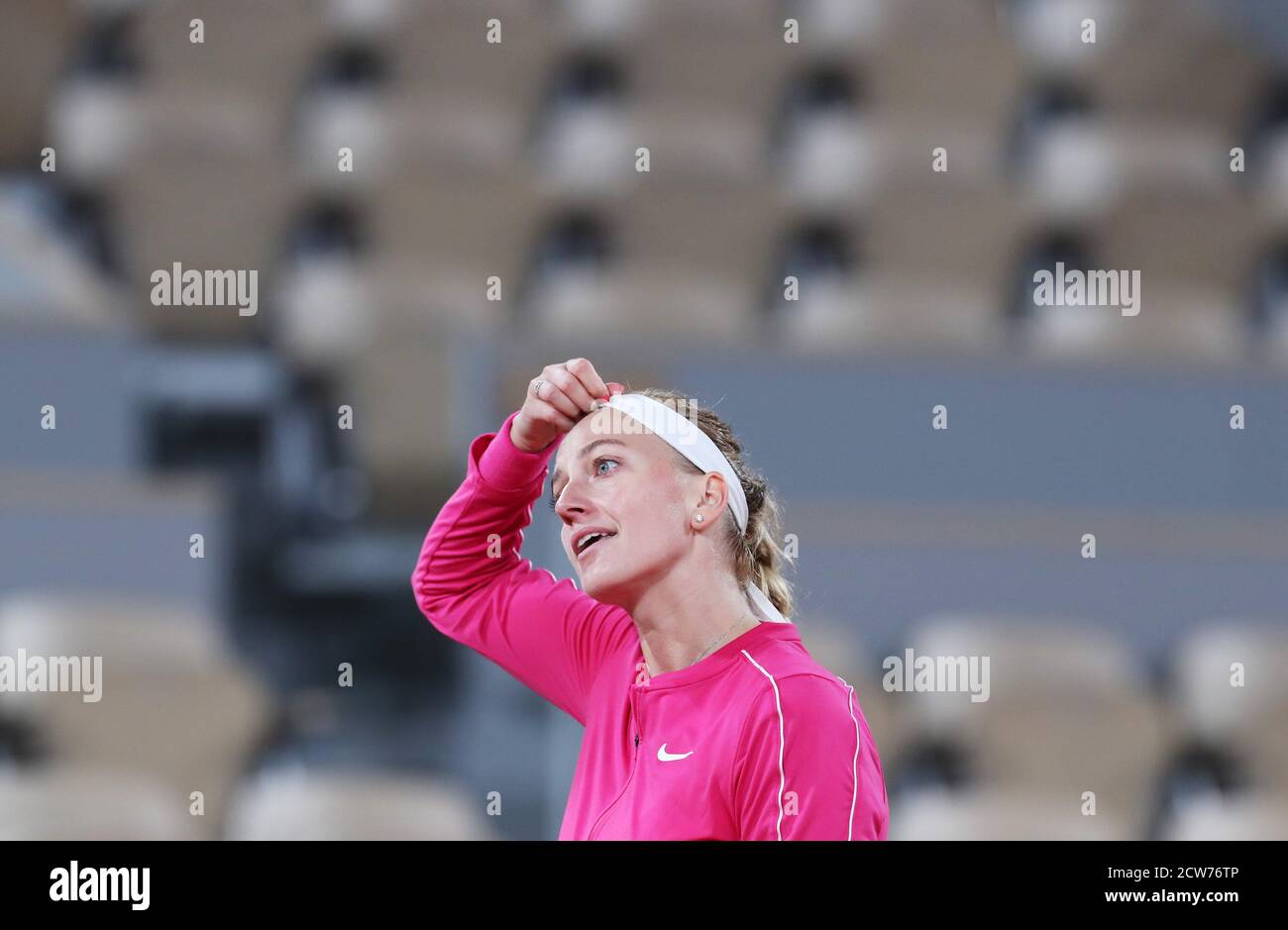 Paris, France. 28th Sep, 2020. Petra Kvitova of Czech Republic reacts after the women's singles first round match against Oceane Dodin of France at French Open tennis tournament 2020 at Roland Garros in Paris, France, Sept. 28, 2020. Credit: Gao Jing/Xinhua/Alamy Live News Stock Photo