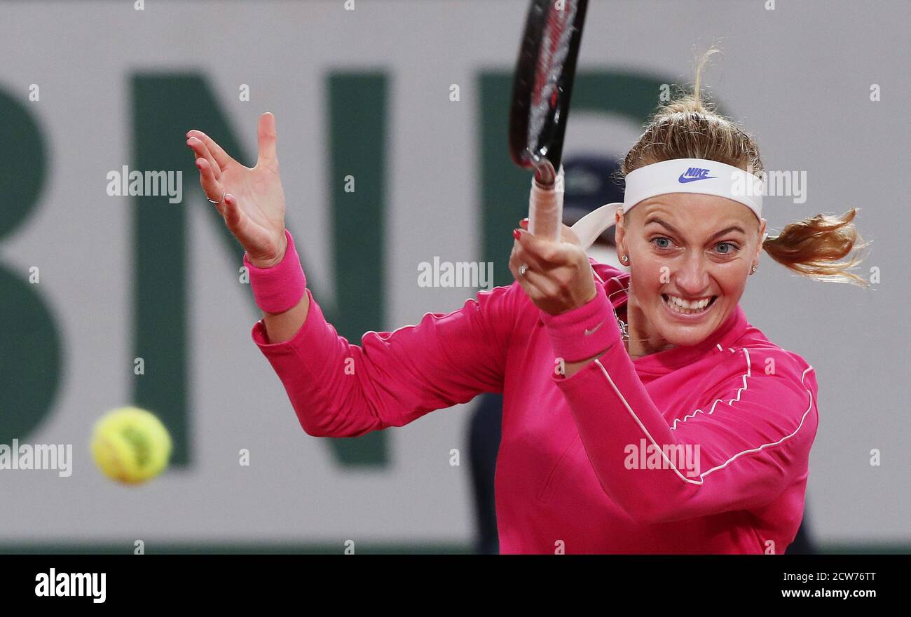 Paris, France. 28th Sep, 2020. Petra Kvitova of Czech Republic returns the ball during the women's singles first round match against Oceane Dodin of France at French Open tennis tournament 2020 at Roland Garros in Paris, France, Sept. 28, 2020. Credit: Gao Jing/Xinhua/Alamy Live News Stock Photo