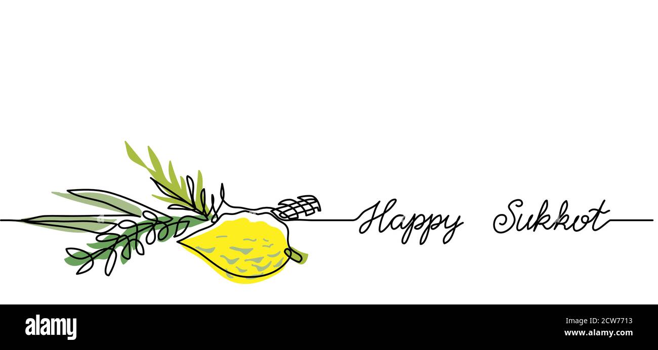 Happy Sukkot simple web banner, background.One continuous line drawing of lemon and green brunches with text Happy Sukkot Stock Vector