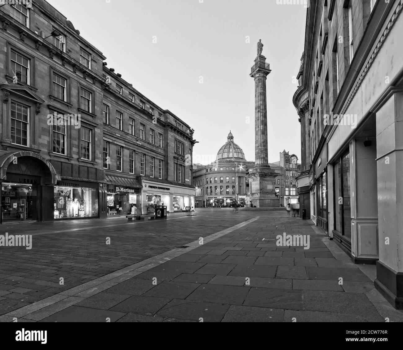 Grey's Monument captured from Grainger Street in the city centre of Newcastle upon Tyne, Tyne and Wear, United Kingdom Stock Photo