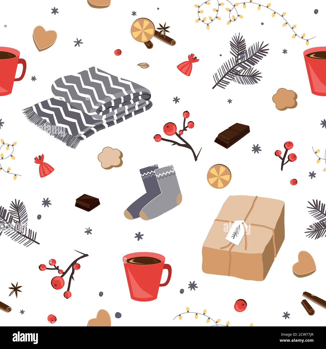 Winter and Christmas items seamless pattern. Hygge vector illustration Stock Vector