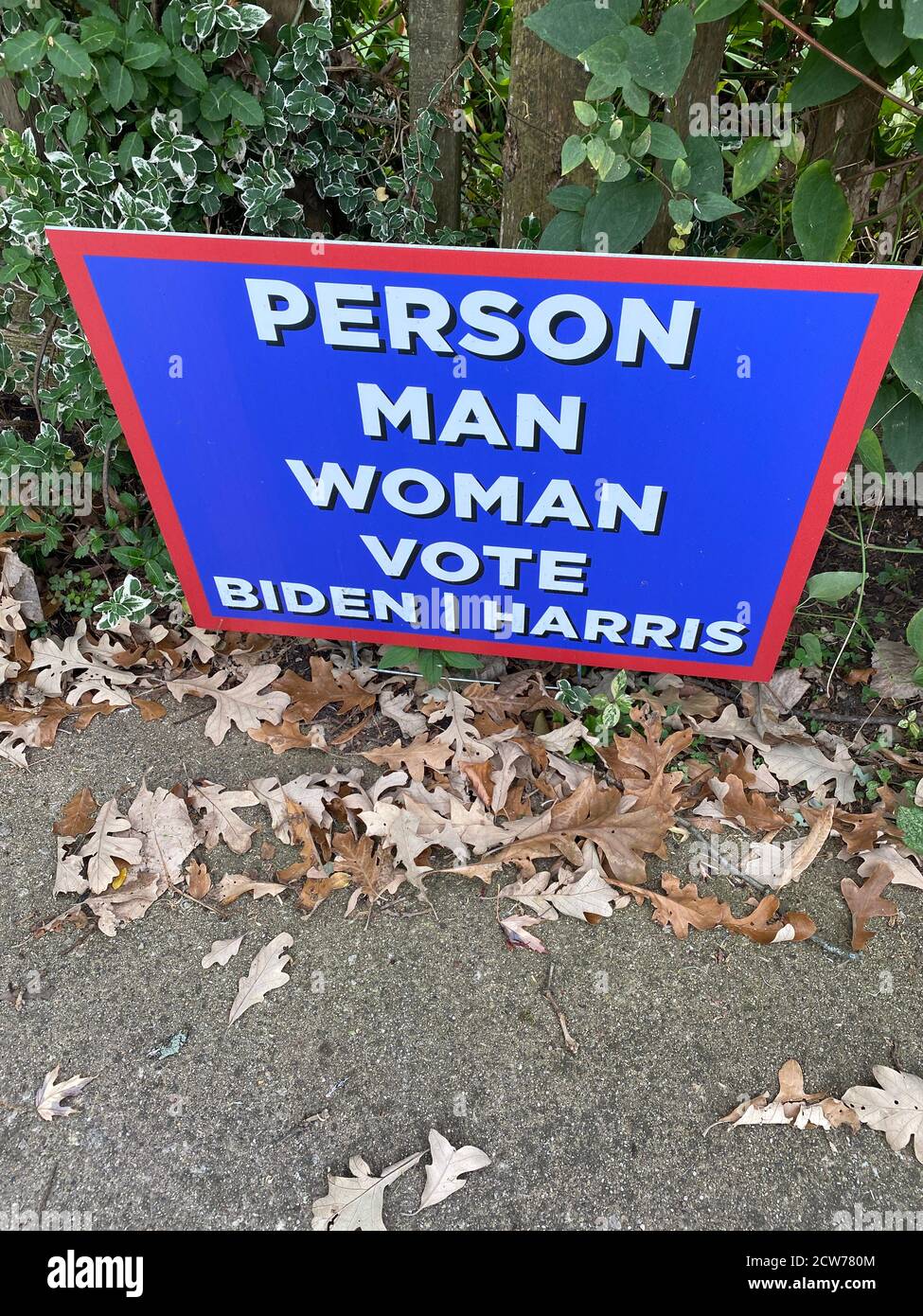 2020 US Election campaign signs in front of a suburban Chicago home supporting Joe Biden for president and the Democratic Party. Stock Photo