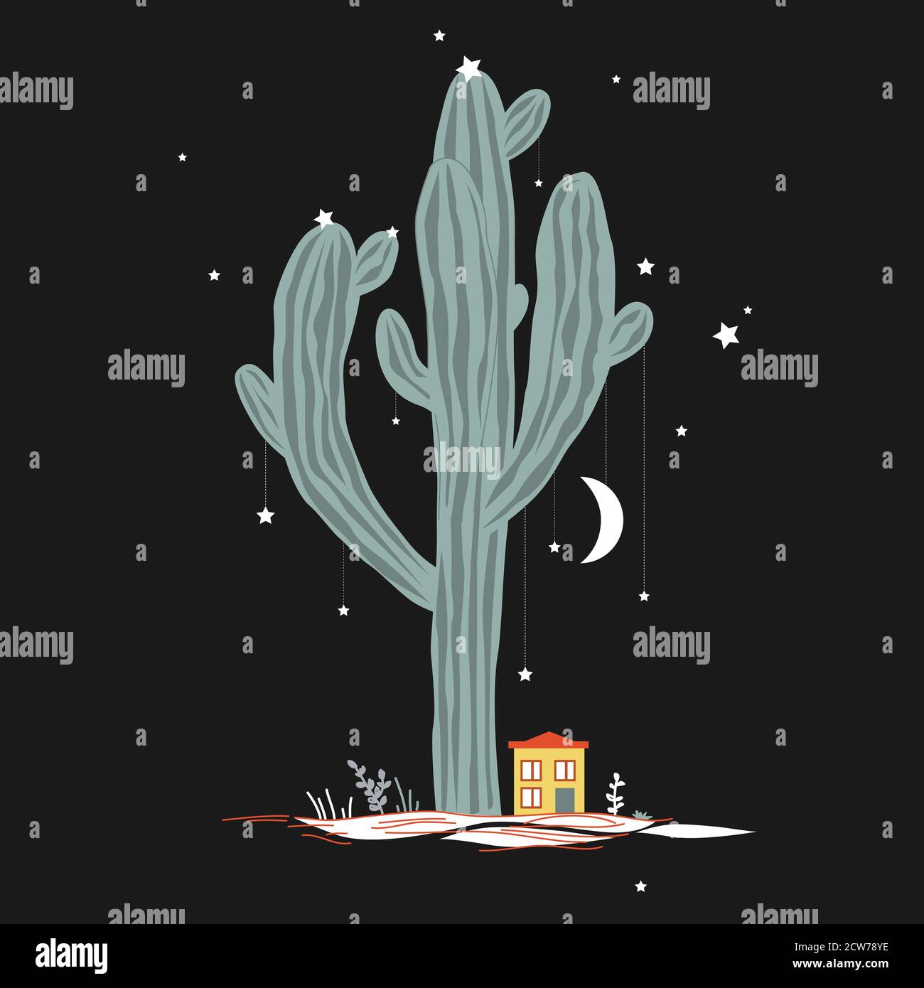 Little house at the foot of a big and sacral saguaro cactus. Night landscape, Mexico concept. Vector illustration Stock Vector