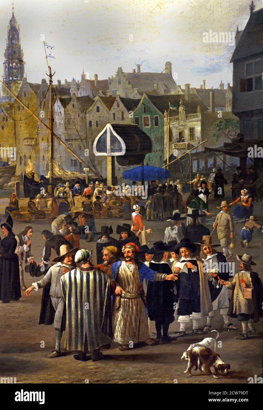 346 / 5000  Dam Square in Amsterdam with the new Town Hall under construction, looking north 1656 (Busy heart of the city) Johannes Lingelbach (1622–1674) (Besides porters and simple merchants, we see well-to-do citizens and their servants. Far to the right some oriental merchants are negotiating; behind them, by the crane, is the fish market.) Stock Photo