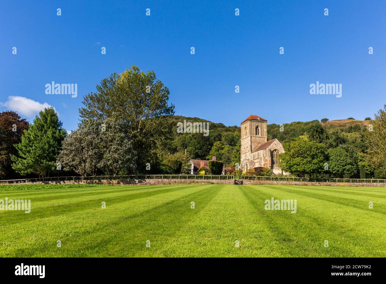 Little Malvern Priory and Little Malvern Court with the Malvern Hills in the background, Worcestershire, England Stock Photo