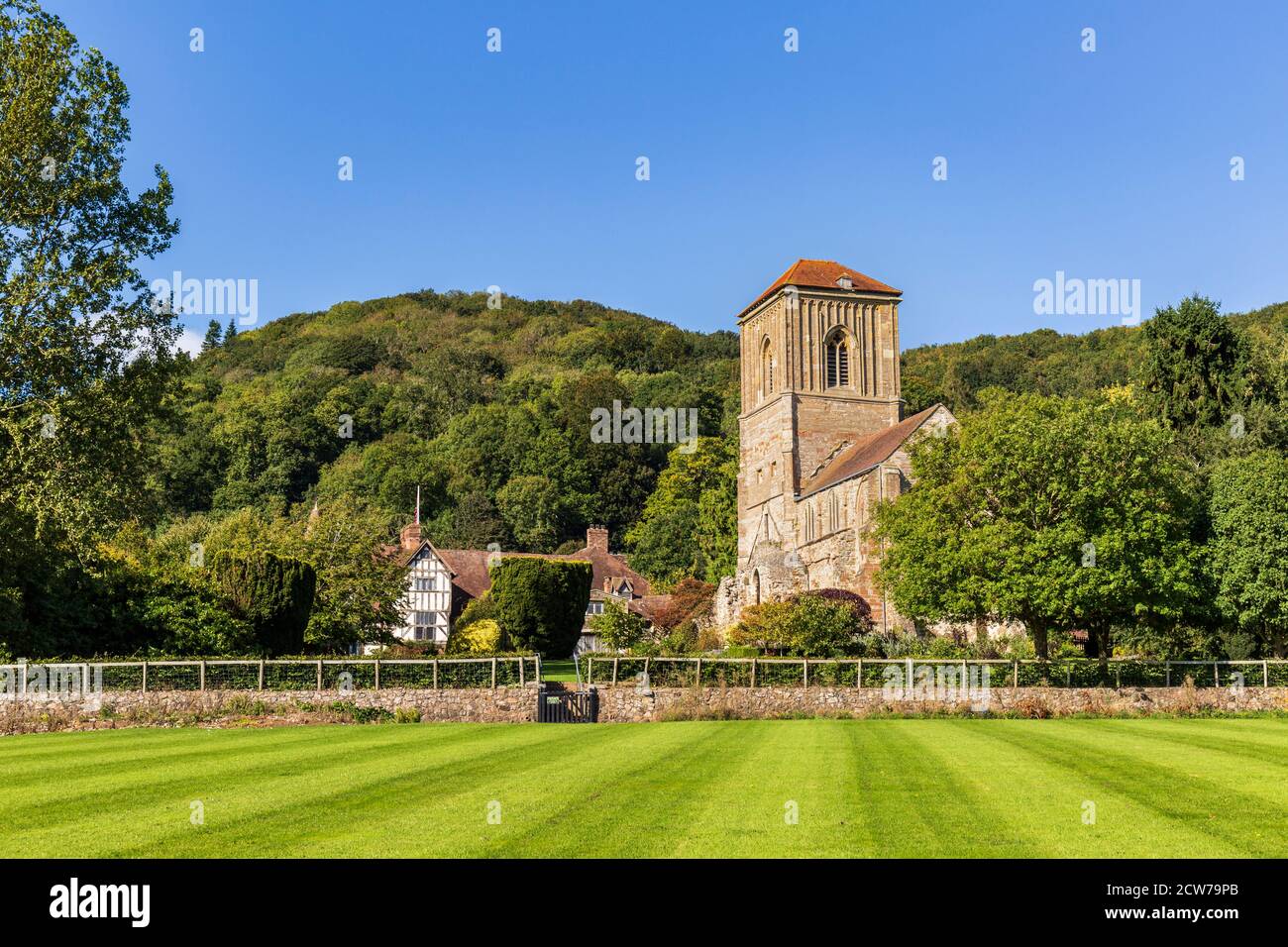 Little Malvern Priory and Little Malvern Court with the Malvern Hills in the background, Worcestershire, England Stock Photo