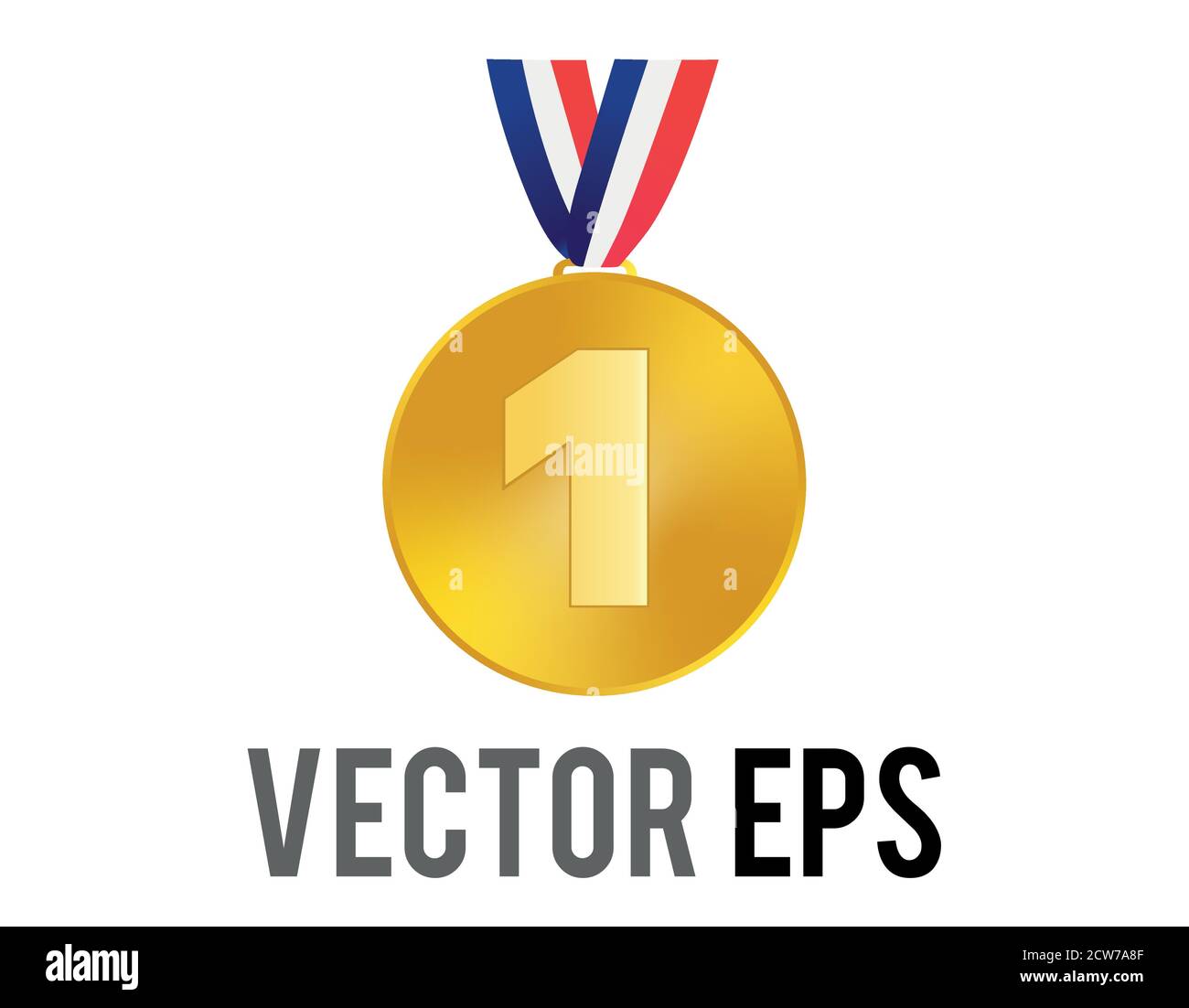 The isolated vector first place gold medal icon with blue, white, red ribbon Stock Vector