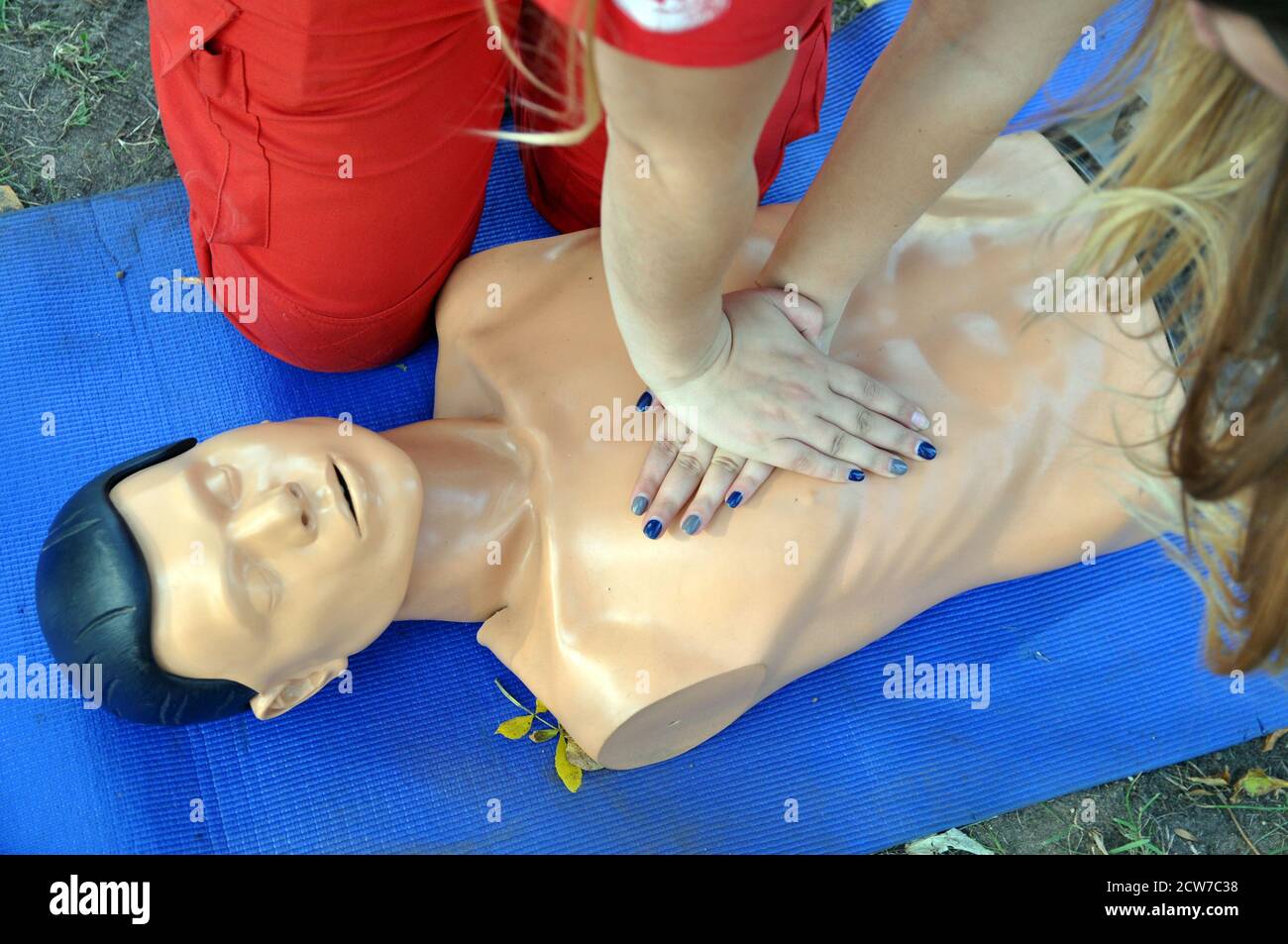 dummy for training in the implementation of resuscitation measures. Indirect cardiac massage. Stock Photo