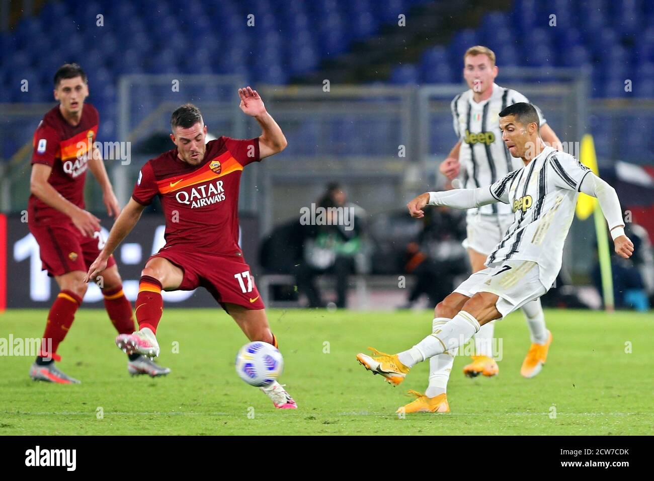 Jordan Veretout of Roma (L) and Cristiano Ronaldo of Juventus in action during the Italian championship Serie A football match between AS Roma and Juv Stock Photo