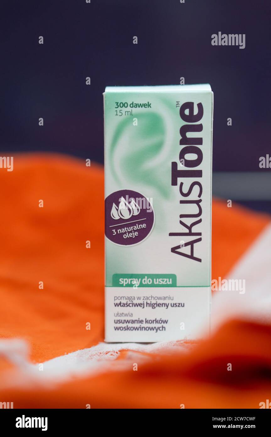 POZNAN, POLAND - Sep 09, 2020: Polish Akus Tone ear drops medicine a box in soft focus background Stock Photo - Alamy