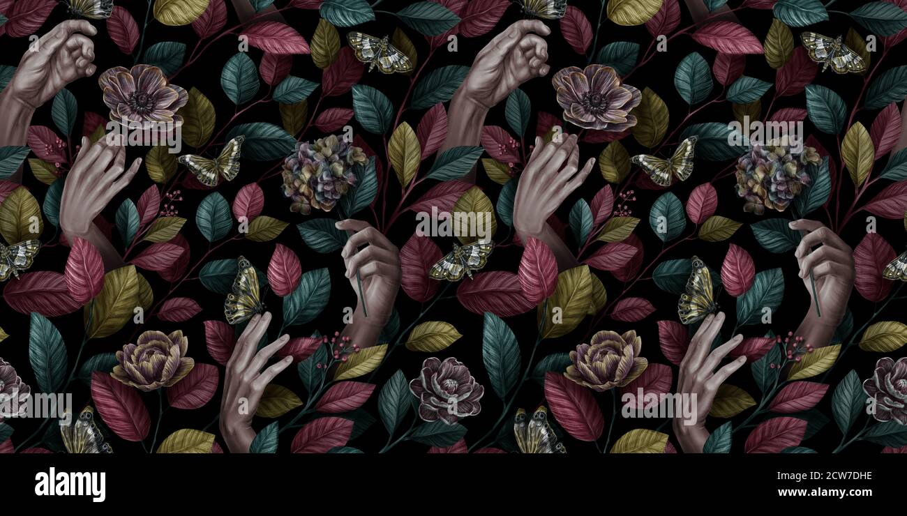 Abstract seamless graphic pattern with woman hands, butteflies, leaves and vintage flowers. Good for production wallpapers, cloth, fabric, goods Stock Photo