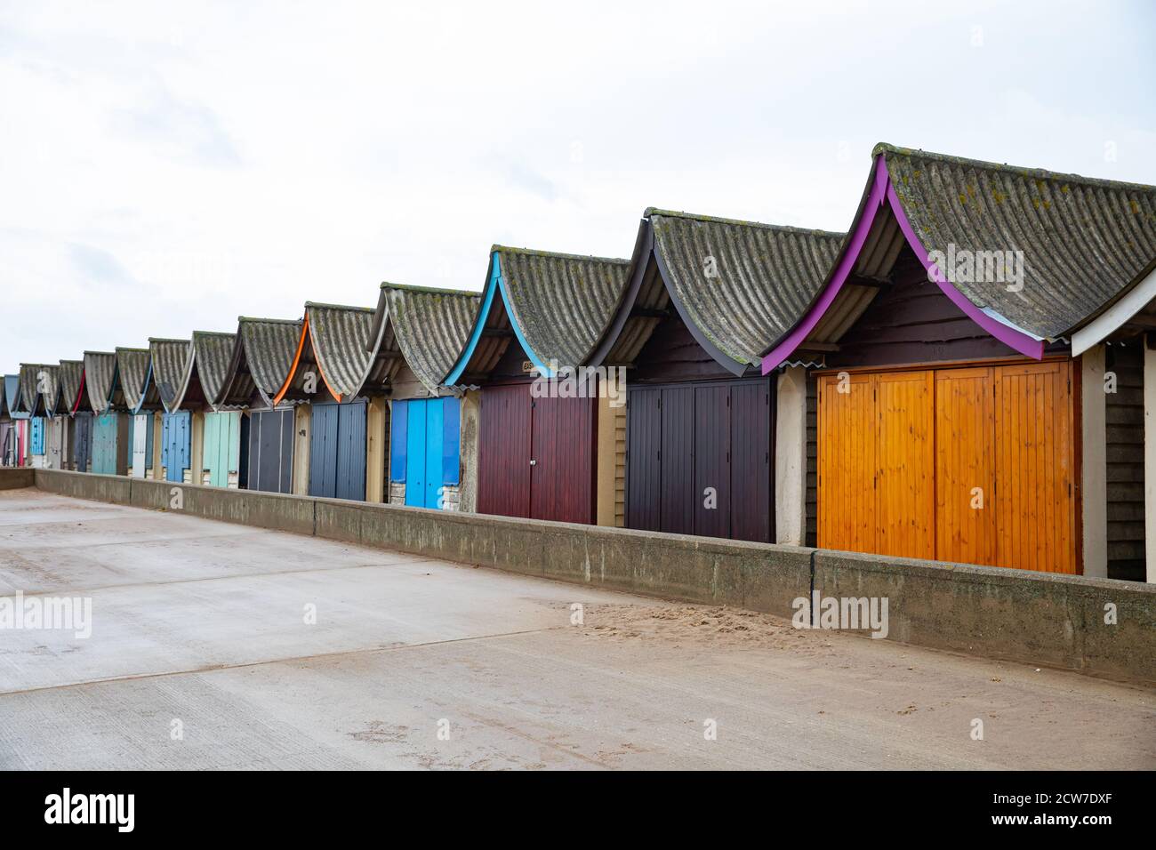 Colourful Beach huts along the seafront in Skegness, Lincolnshire, UK