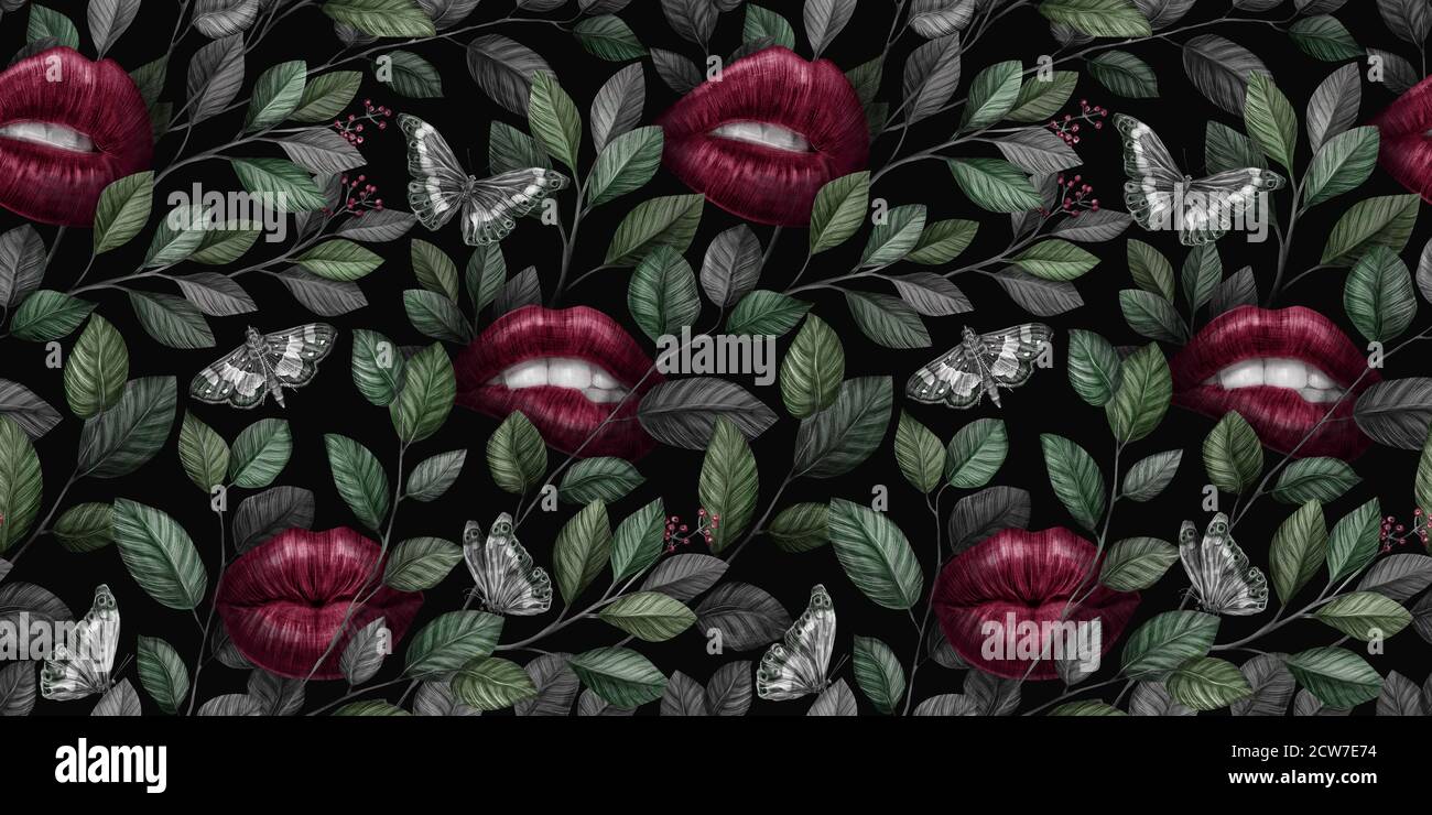 Abstract seamless graphic pattern with lips, butteflies, leaves and vintage flowers. Hand-drawn. Good for production wallpapers, cloth, fabric, goods. Stock Photo