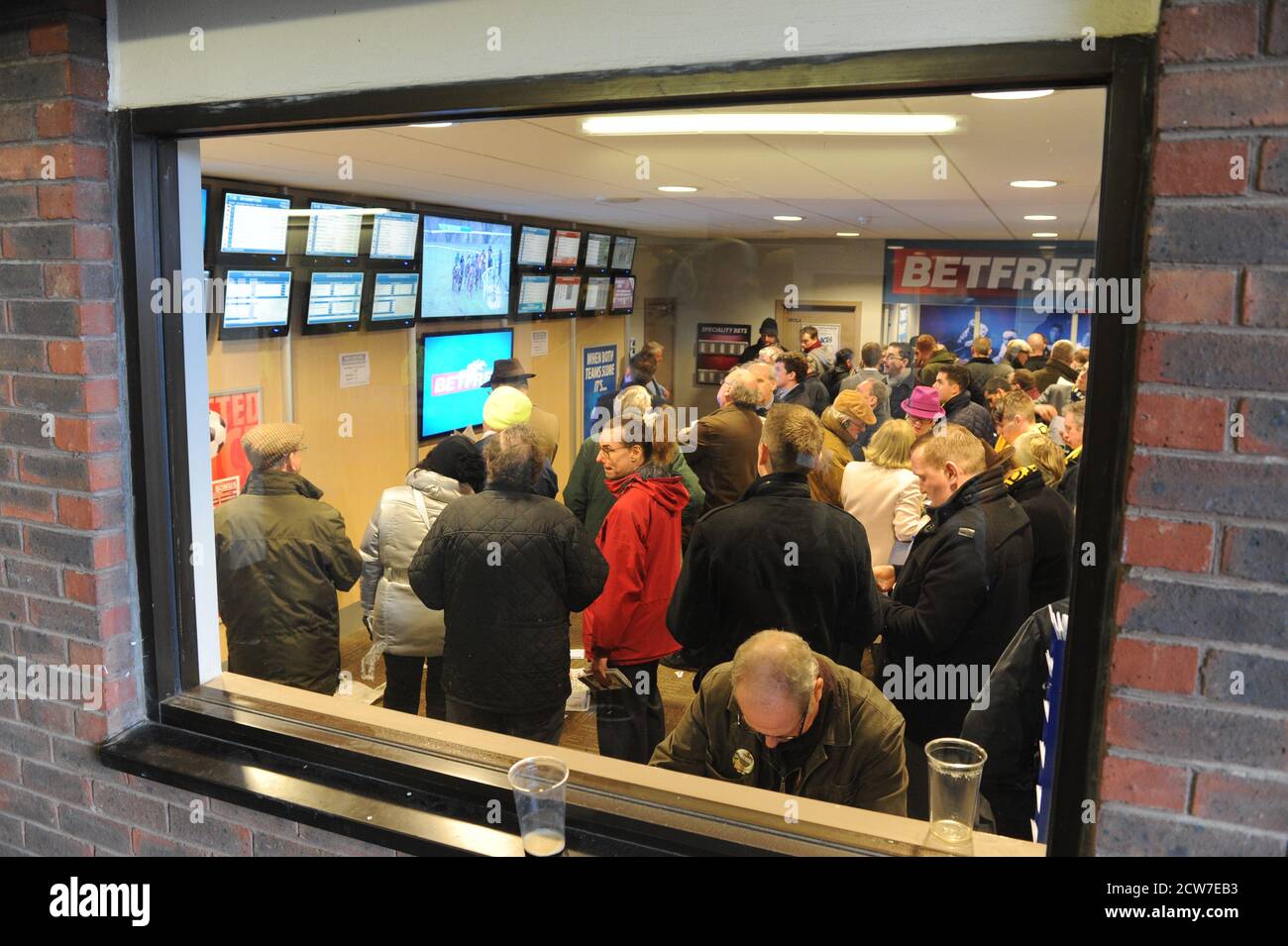 Through the Betting shop window Cheltenham Gold Cup Day  15.03.13 Punters betting Stock Photo