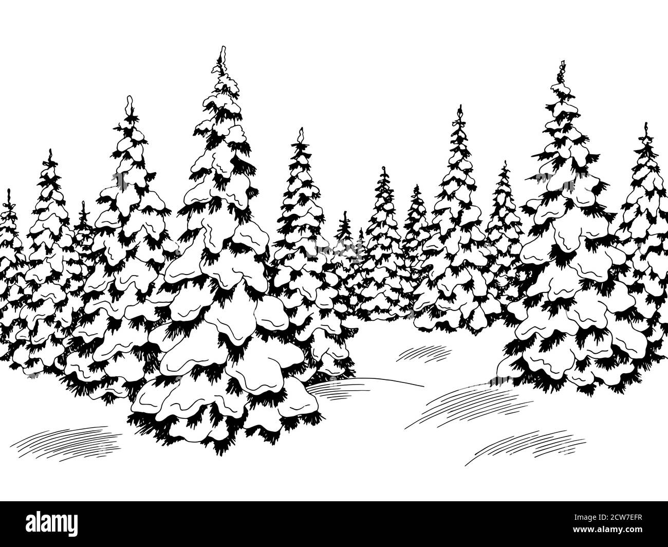 Winter forest graphic black white fir tree landscape sketch illustration vector Stock Vector