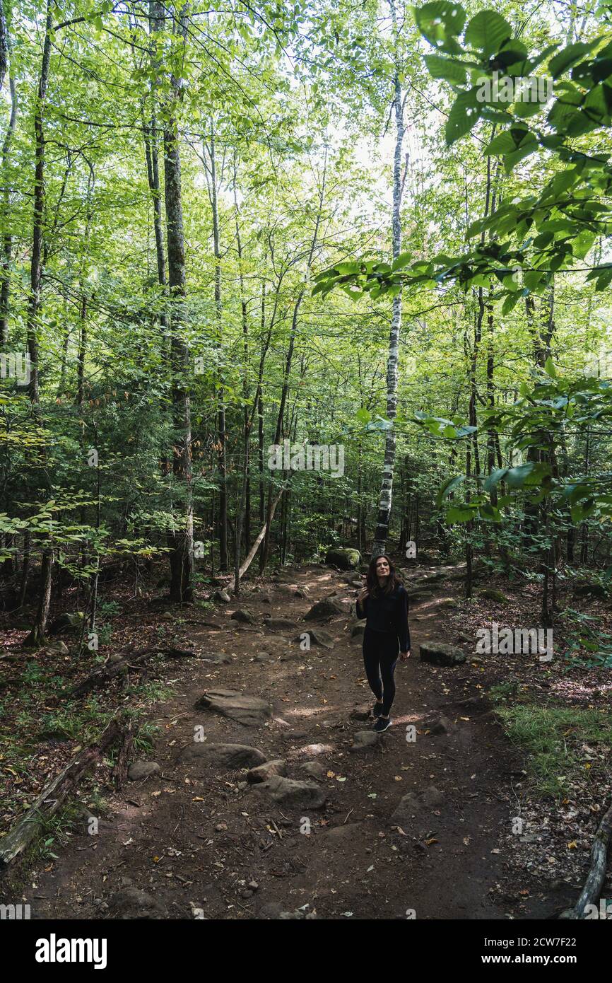 A young woman hiking on a trail in the Adirondacks Stock Photo - Alamy