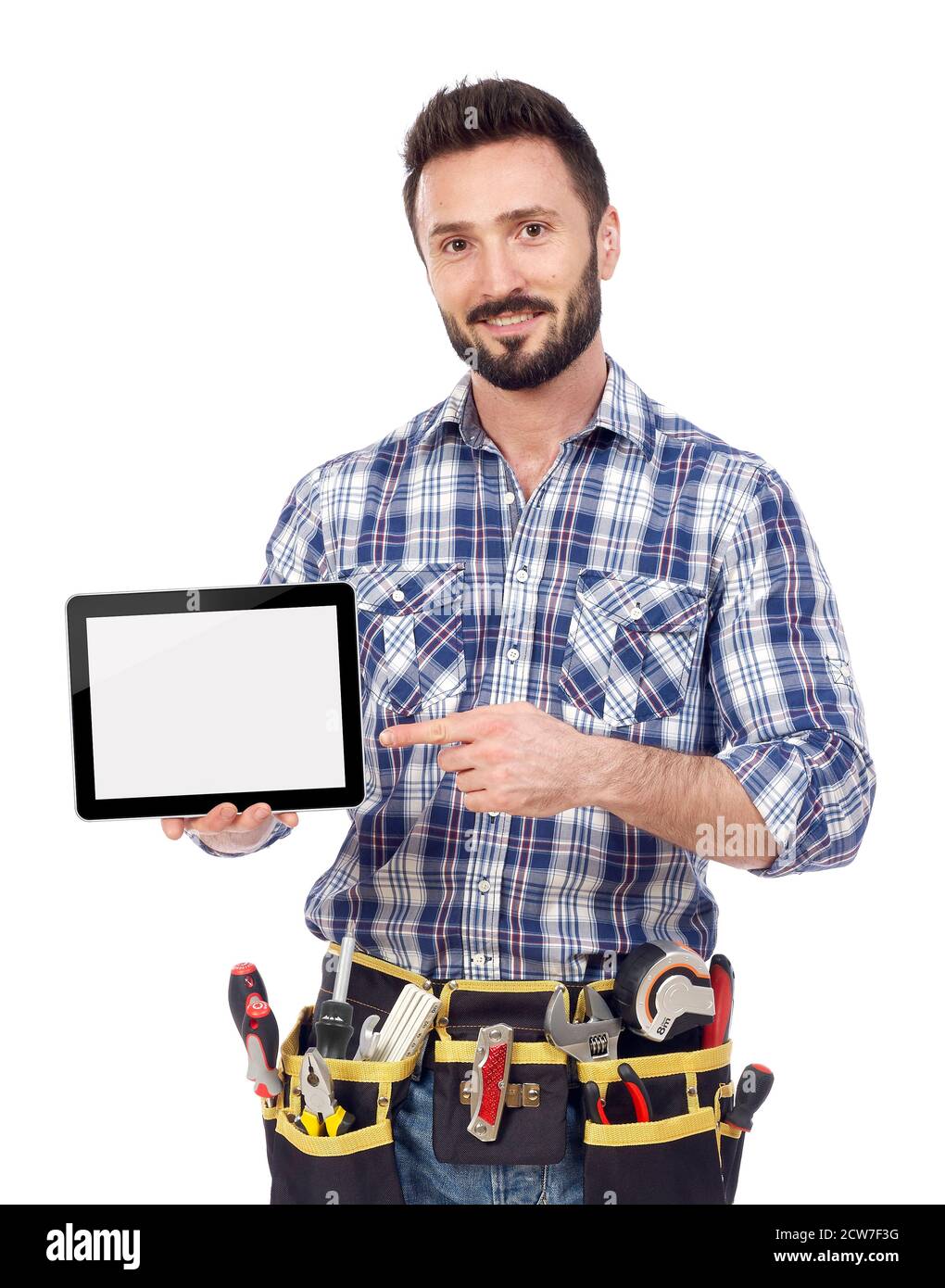Carpenter showing tablet Stock Photo