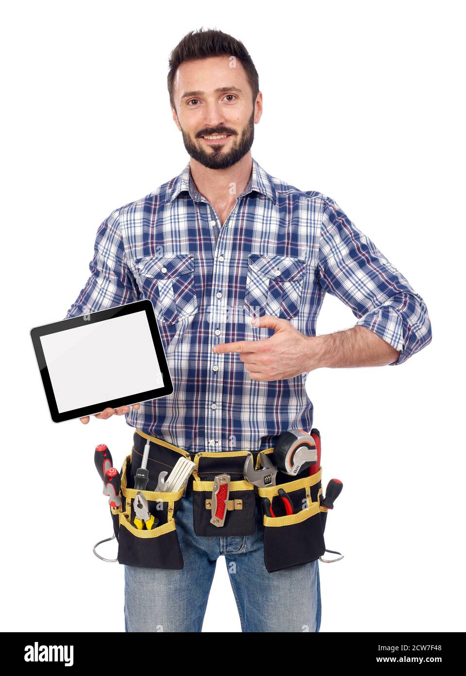 Carpenter showing tablet Stock Photo