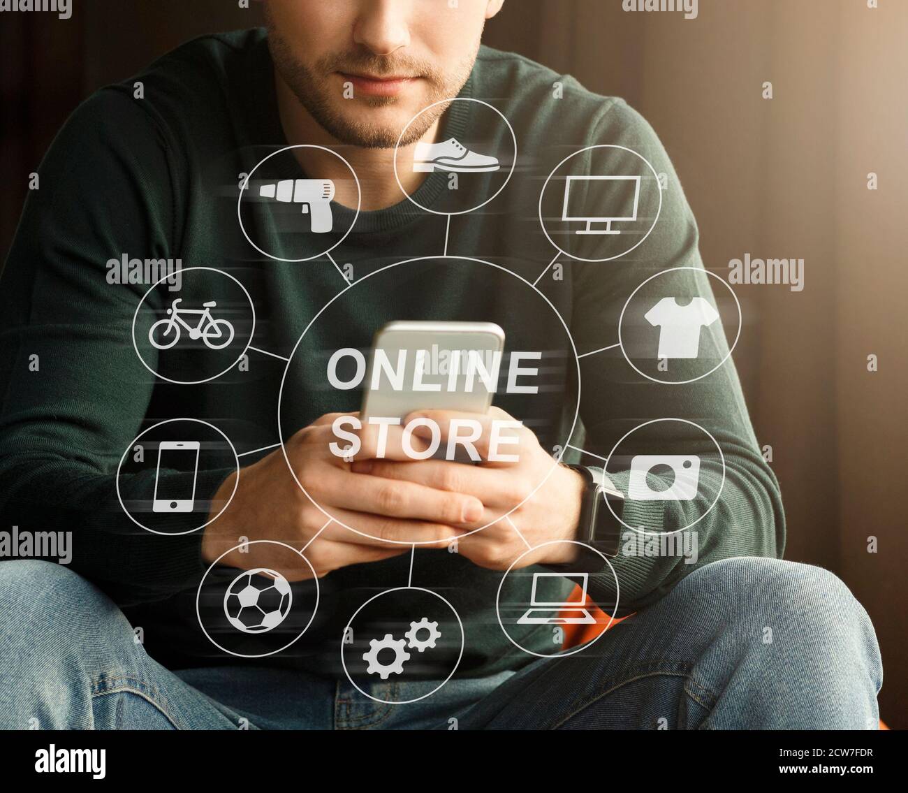 Shopping on Young guy browsing online store, collage with