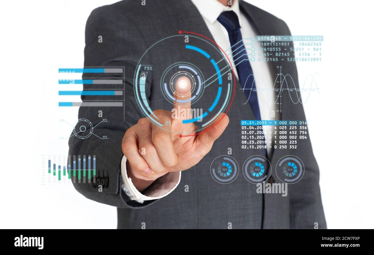 Businessman using a digital virtual touch screen Stock Photo