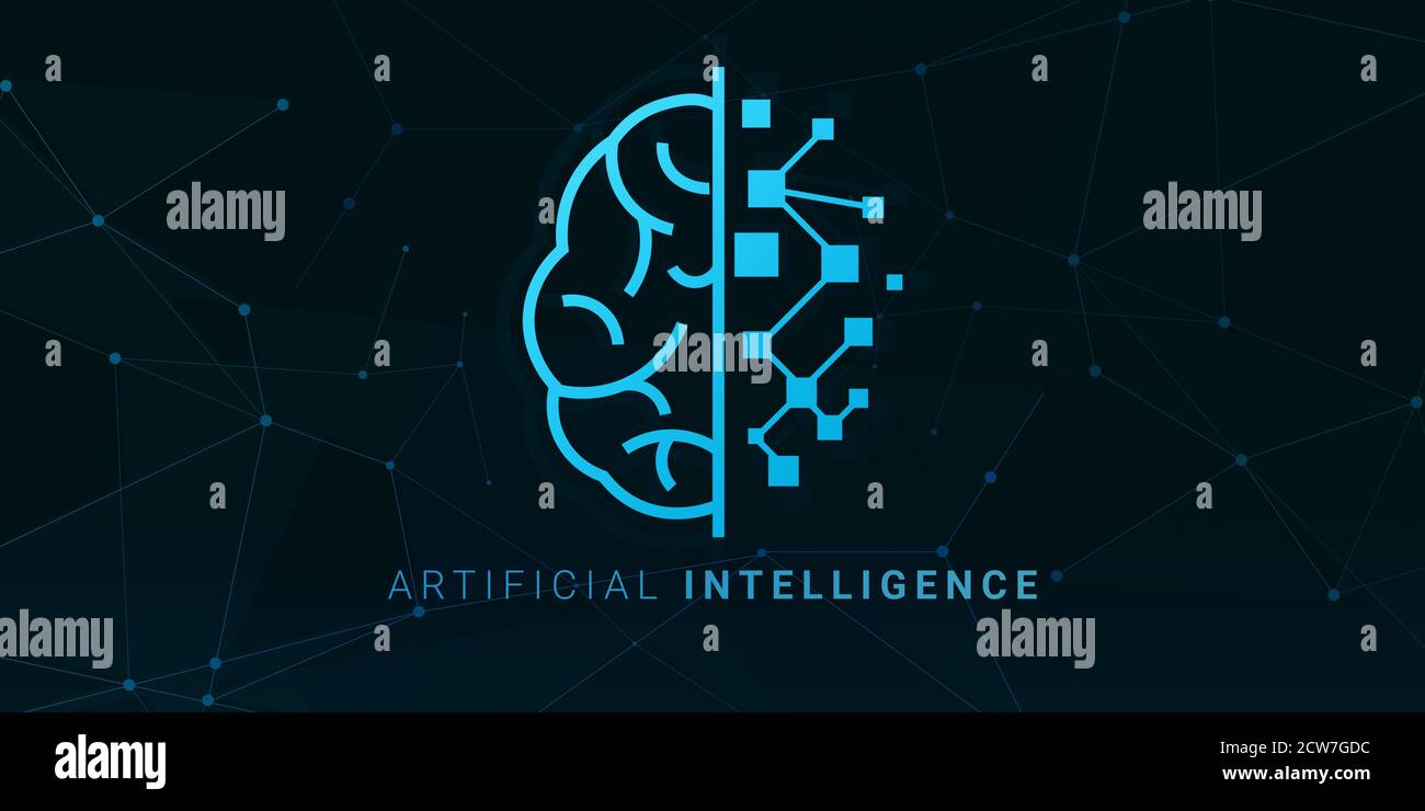 Artificial Intelligence Concept. AI linear symbol of human and robotic brain halves Stock Photo